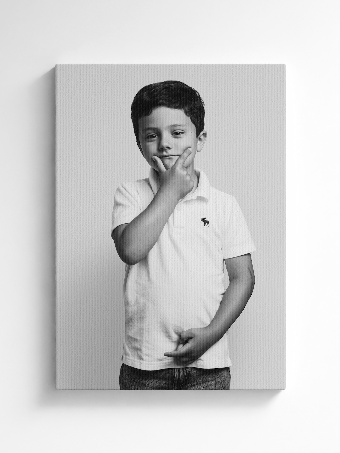 Framed canvas portrait mocked up as wall art